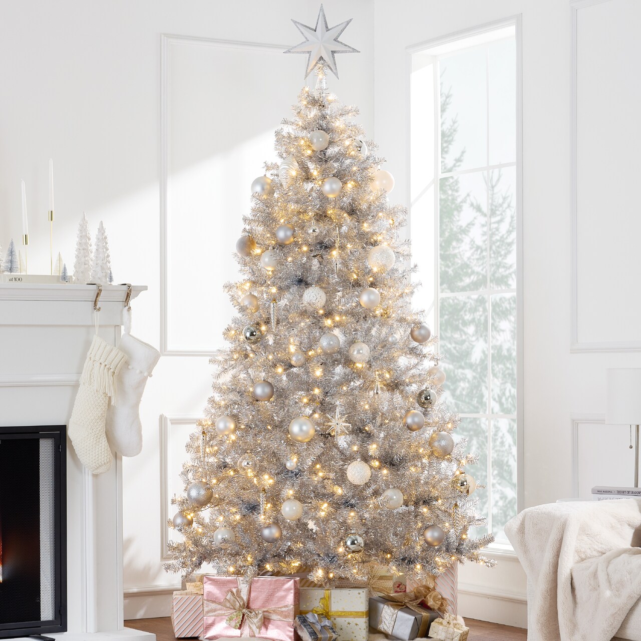 Best Choice Products Prelit Artificial Tinsel Christmas Tree Festive Holiday Decoration w/ Stand - Silver